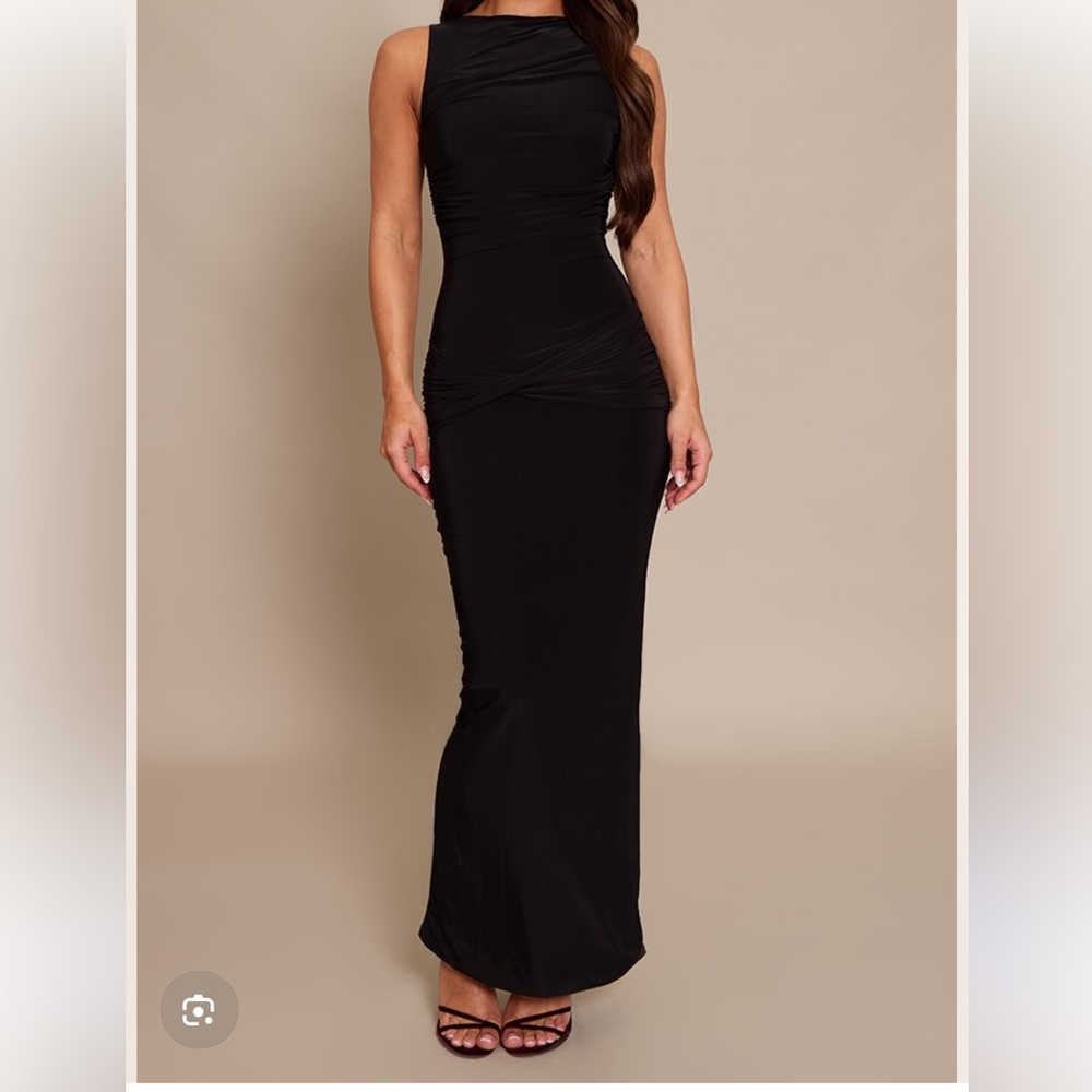 Pretty Little Thing Black Slinky Ruched Maxi Dress US 10